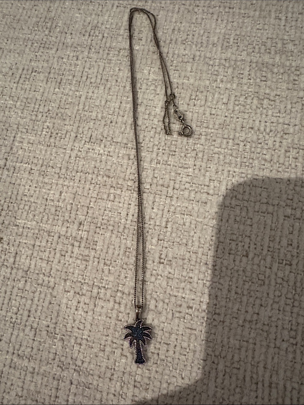 Palm Tree Pendant Necklace - Silver with Dark Blue Stones